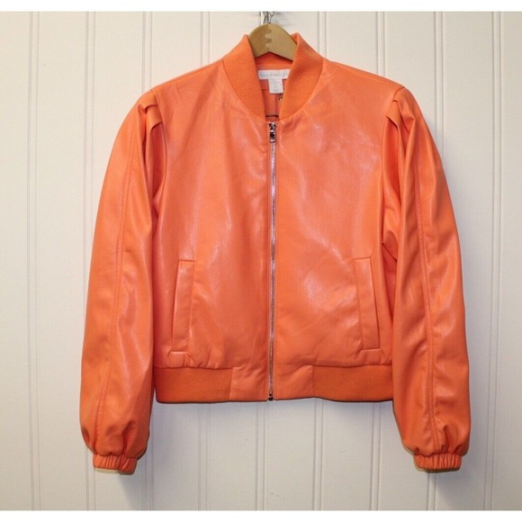 HOUSE OF HARLOW Bomber Jacket Living Coral Vegan Leather Size L Large - Picture 3 of 13